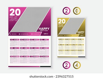 2024 One page wall calendar design template, modern 12 months one page calendar. Modern wall calendar design 2024. Print Ready One Page wall calendar template design for 2024. Week starts on Sunday.