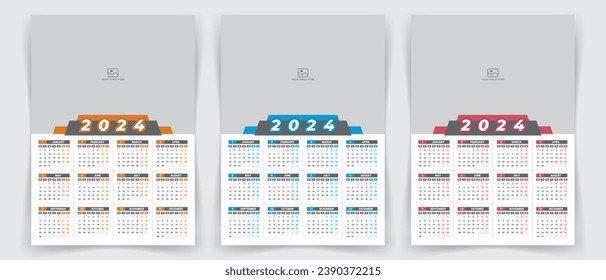 2024 One-page wall calendar design template with color variation, modern editable 12-month one-page calendar.