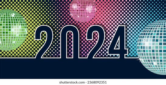 2024- bannière ou carte pour souhaiter la nouvelle année dans une ambiance joyeuse et disco année 80.