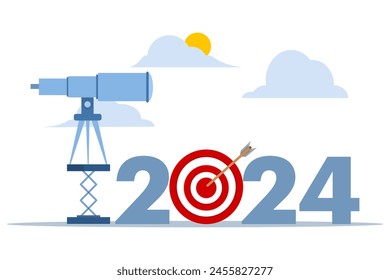 2024 Outlook Concept. Overview or analysis of the year. Forecast or vision of the future economy, future business opportunities or challenges, binocular opportunities in binocular future targets 2024.