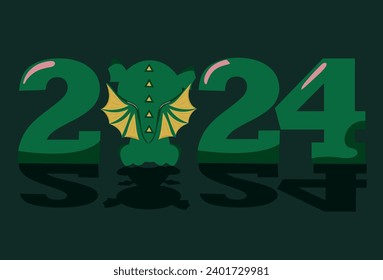 2024 painted with numbers in green, decorated with next year's symbol with a green dragon with yellow, spread wings, back view