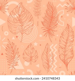 2024 peach palm leaf color pattern. Seamless fuzz color tropical background. Peach abstract 2024 year colour pattern. Sketch spring summer palette drawing. Seamless geometric fashion design vector