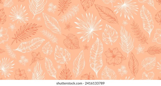 2024 peach palm leaf color pattern. Seamless fuzz color tropical background. Peach abstract 2024 year colour pattern. Sketch spring summer palette drawing. Abstract fuzz seamless fashion design vector