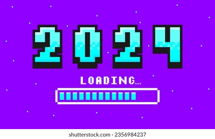 2024 pixel art banner for New Year. 2024 numbers in 8-bit retro games style and loading bar. Pixelated happy New Year and Merry Christmas holiday card or banner. Vector.