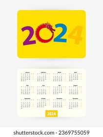 2024 pocket calendar with colorful numbers of year 2024  and Rabbit ears, week starts on monday.