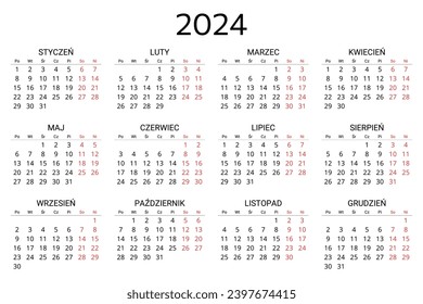2024 polish calendar. Printable, editable vector illustration for Poland. 12 months year kalendarz. Landscape