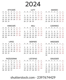 2024 polish calendar. Printable, editable vector illustration for Poland. 12 months year kalendarz. Portrait