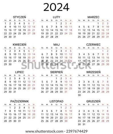 2024 polish calendar. Printable, editable vector illustration for Poland. 12 months year kalendarz. Portrait