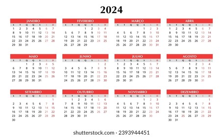 Calendario portugués 2024. Simple ilustración de plantilla vectorial para Portugal. Horizontal. Planificar su año