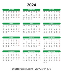 Calendario portugués 2024. Simple ilustración de plantilla vectorial para Portugal. Vertical. Planificar su año