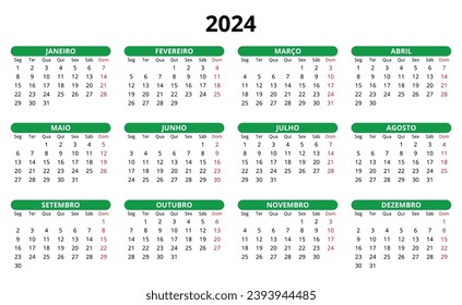 Calendario portugués 2024. Simple ilustración de plantilla vectorial para Portugal. Horizontal. Planificar su año