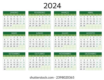 Calendario portugués 2024. Simple ilustración de plantilla vectorial para Portugal. Horizontal. Planificar su año