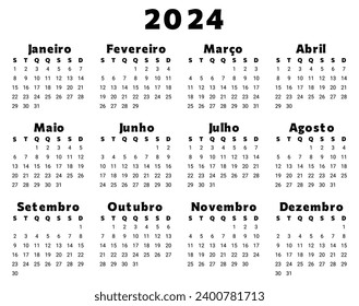 Calendario PORTUGUÉS 2024. Simple ilustración de plantilla vectorial para Portugal en color negro. Planificar su año