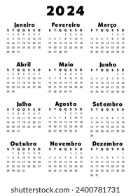 2024 PORTUGUESE calendar, vertical. Simple vector template illustration for Portugal in black color. Plan your year