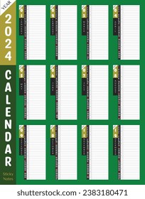 2024 premium Calendar for Organic fresh product brand. Nice office green color background with day planner column.Prient ready vector corporate wall or desk planner template. Use as productivity tool.