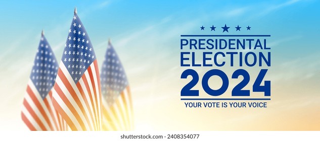 2024 presidential election background. Promotion banner for presidential election 2024 with USA flags and cloudy sky at sunrise. Vote day, November 5. Vector illustration for US Election 2024 campaign