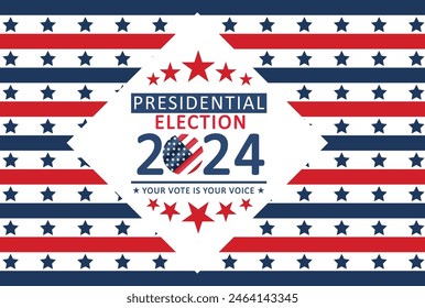 2024 presidential election background. Promotion banner for presidential election 2024 with USA flags and cloudy sky at sunrise. Vote day, November 5. Vector illustration for US Election 2024 campaign