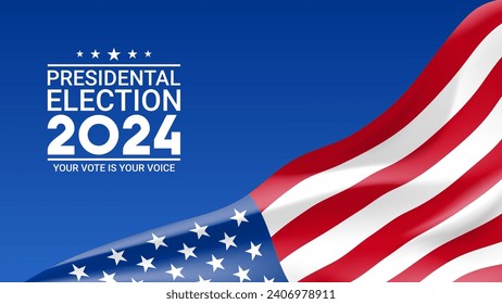 2024 presidential election background. USA flag waving on blue background. Vector illustration for US Election 2024 campaign. USA presidential election 2024. Election voting ad. Vote day, November 5.