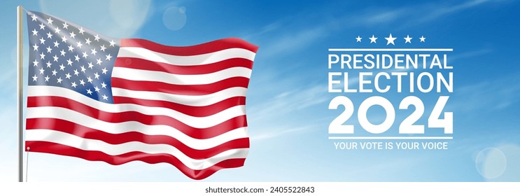 2024 presidential election banner. Promo banner for presidential election 2024 with waving USA flag and cloudy sky. Vote day, November 5. Vector illustration for  US Election 2024 campaign