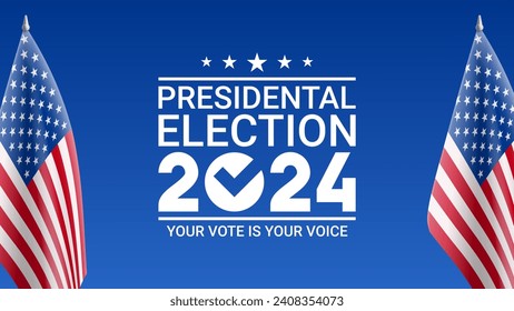 2024 presidential election banner. USA flags stand on blue background. Vote day, November 5. Vector illustration for US Election 2024 campaign. USA presidential election 2024. Election voting banner.