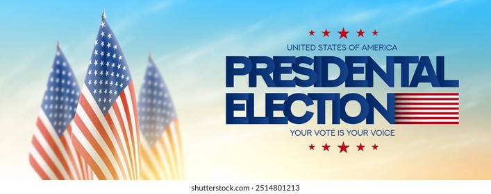 2024 presidential election banner. USA presidential election 2024 banner with USA flags and cloudy sky at sunrise, vote symbol. Vote day, November 5. Vector illustration for US Election 2024 campaign.