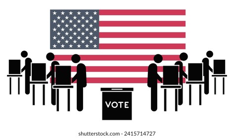 2024 presidential election icon. Three voters at individual booths, central ballot box, USA flag background. Vector icon design style