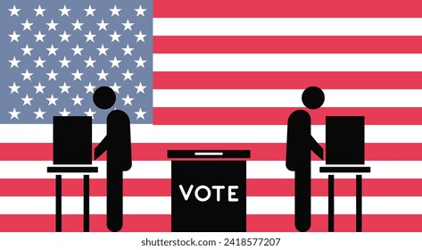 2024 presidential election icon. Two voters at individual booths, central ballot box, USA flag background. Vector icon design style