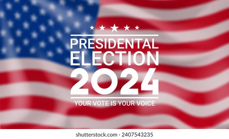 2024 presidential election promo banner. USA presidential election 2024 banner with blurred waving american flag. Vote day, November 5. Vector illustration for US Election 2024 campaign.