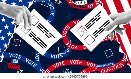 2024 presidential election promo collage. Vector banner with USA flags and halftone hands holding voting forms. Collage for US Election 2024 campaign. Vote day, November 5.