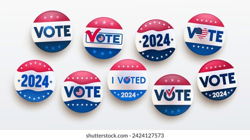 2024 Presidential election, red, blue and white vote vector buttons. Vote, i voted, different badge designs in American style and color. I voted badge isolated on white background. Vector illustration