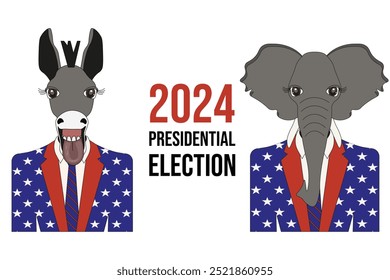 	
2024 Presidential election in USA banner template design. Democratic donkey and republican elephant isolated transparent background. Flat vector aesthetic can used politic flyer bulletin web banner.