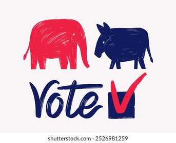 Eleição presidencial de 2024 nos EUA. Desenhado à mão com um cartaz vetor de pincel com tipografia para a eleição do presidente com elefante e burro. Banner vetorial, cartaz, cartão, web para o Vote 2024.