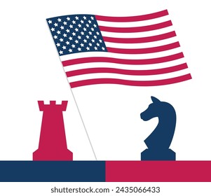 2024 Presidential elections in the United Stares with USA flag. Democrats against Republicants. Electoral symbols of both political parties chess figures. Flat vector illustration. Vote day November 5