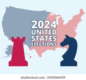 2024 Presidential elections in the United Stares with USA map. Democrats against Republicants. Electoral symbols of both political parties chess figures. Flat vector illustration. Vote day November 5