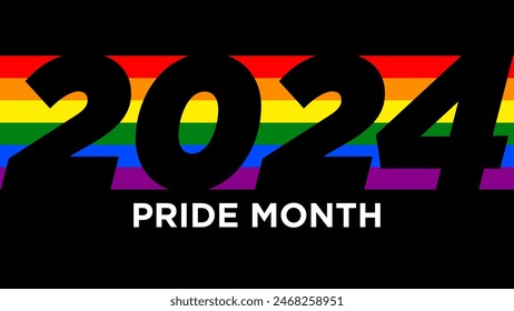 2024 Pride Month banner with the LGBTIQ+ flag with a black background that show the numbers in negative and the word Pride Month on white with a sans serif font