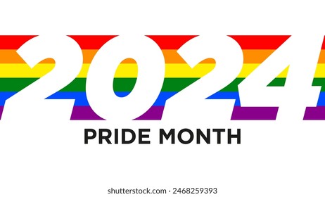 2024 Pride Month banner with the LGBTIQ+ flag with a white background that show the numbers in positive and the word Pride Month on black with a sans serif font