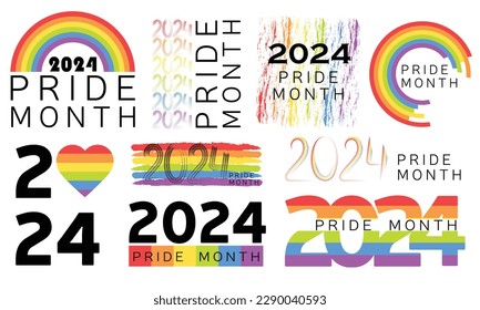 2024 pride month. Big set LGBT conception. Pride day line abstract logo. Human rights and tolerance.