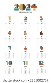 2024 printable calendar poster divide by month template design minimal style, week starts on Sunday, vector illustration