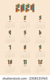 2024 impresión de póster de calendario divide por mes diseño de plantilla estilo retro vintage, semana comienza el domingo, ilustración vectorial