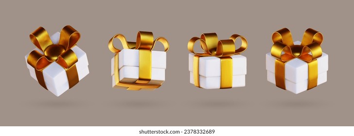 2024 Realistic 3D White Gift Box Vector Illustration with Gold Ribbon and Ribbon Decoration. This set is used as Christmas Decoration and is available in EPS10 format.