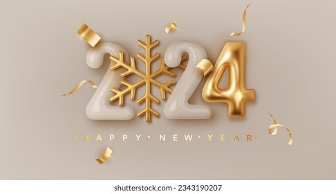 2024 Realistic glossy number with golden snowflake. Happy New Year and Merry Christmas 2024. Greeting card. Vector 3d rendering.