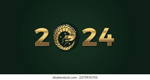 2024 realistic gold 3d text with the dragon. Chinese New Year Green dragon. Happy New Year Postcard or banner