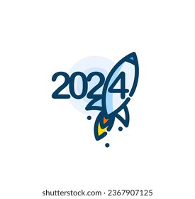 2024 Rocket Launch Celebration in Cartoon Style. Vibrant, playful logo. Ideal for new year event promotions and business ventures, greeting card and calendars. Vector illustration