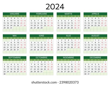 2024 romanian calendar. Printable, editable vector illustration for Romania and Moldova. 12 months year calendars. Landscape