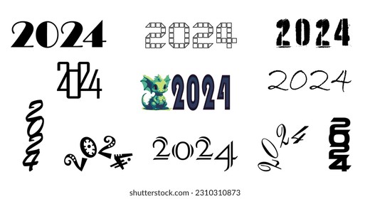 2024 Zimmerdesign-Vorlagensatz. Weihnachtskollektion 2024 Frohes neues Jahr. Vektorgrafik mit schwarzem Logo-Etiketten für Tagebücher, Notebooks, Kalender