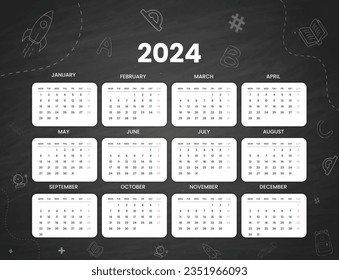 Schulklasse-Kalender 2024, handgezeichnete schwarze Tafel, zurück zur Schule, Schulplan, schwarze Tafel