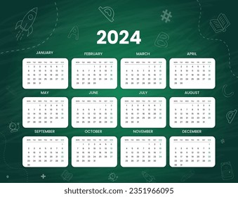 2024 school class academic calendar, hand drawn educational green chalkboard, back to school, education classroom schedule, blackboard texture