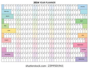 Calendario para imprimibles de 2024 de School Wall Planner. Colores arcoiris. Calendario escolar. Fines de semana alineados. Planner A1 A2 A3 Planner 2024