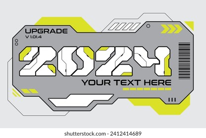 2024 Sci-Fi Technological robotic Spaceship Illustration vector graphic background with editable text area, white. perfect for tech new year celebration, Postcard, greeting card, Banner, UI, poster 