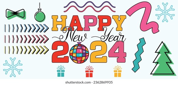2024 Season Happy New Year Banner and Abstract Background for the 2024 New Year with Decorations and Elements for Graphic Designers, Best 2024 Cover